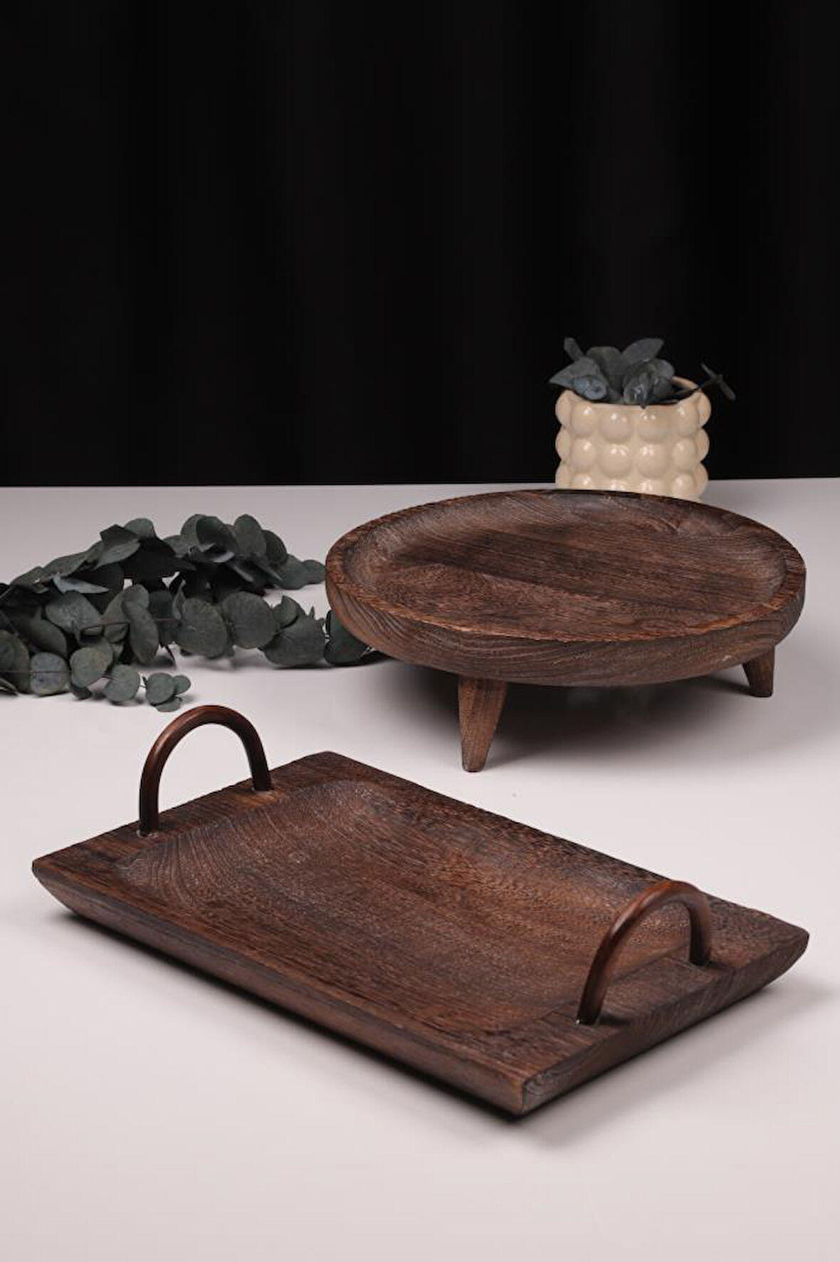 Bambum 2 Parça Pavlonya Elegant Ahşap Sunum ve Servis Seti – Kulplu Dikdörtgen ve Yuvarlak Servis Tabakları