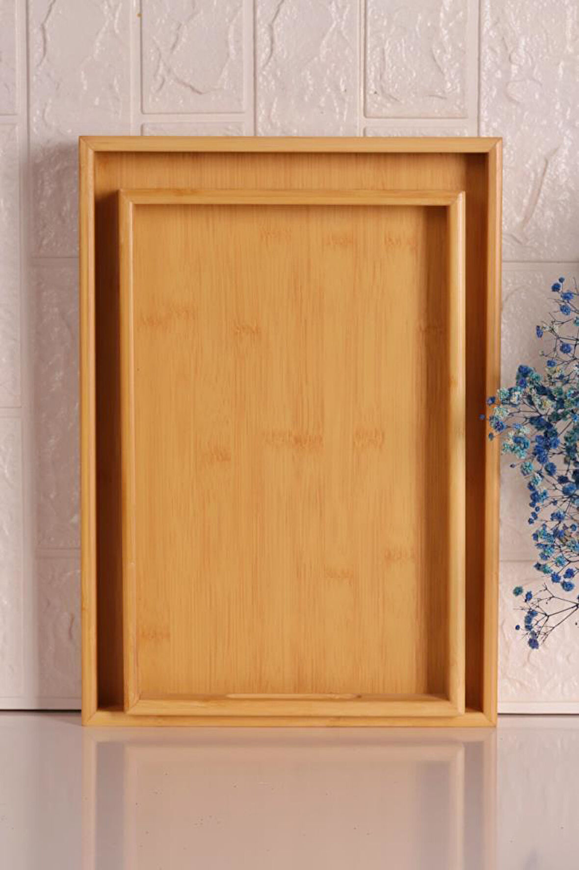 Bambum Marbella - 2`li Bambu Desenli Tepsi Orta Küçük