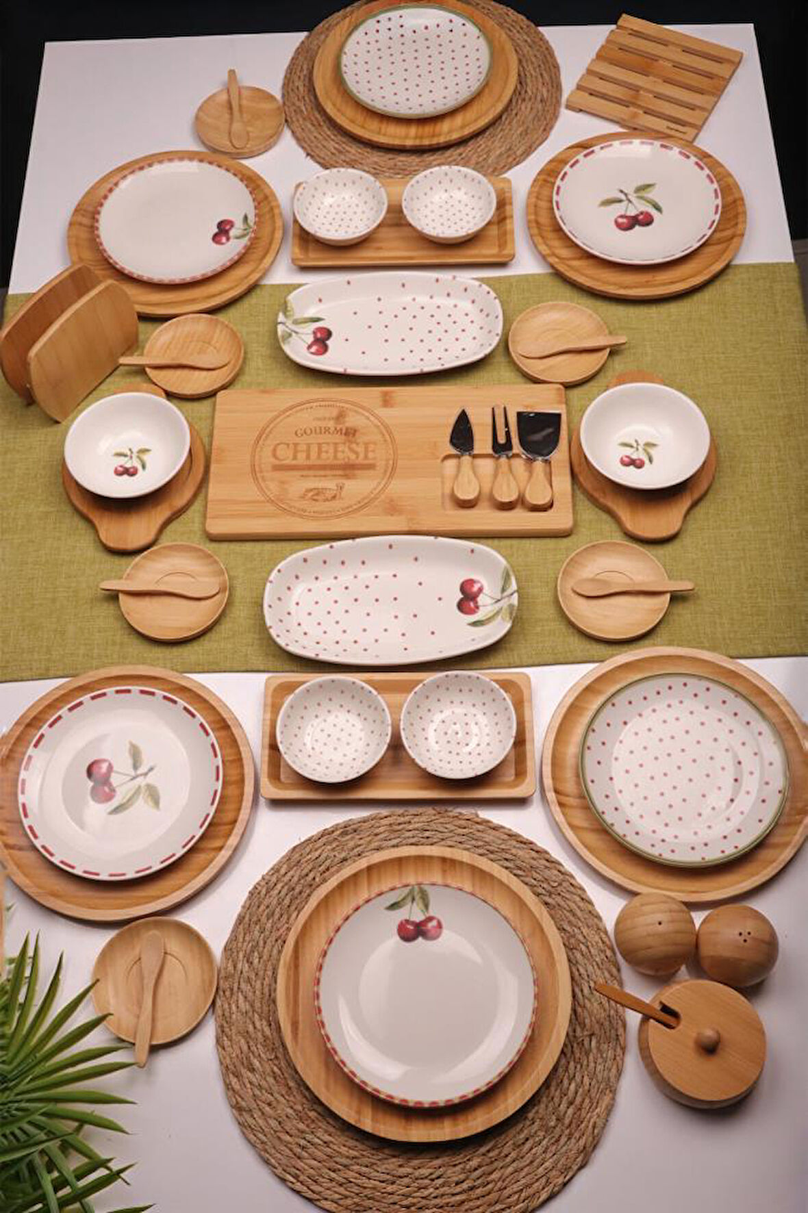 Atbyhome Shine 6 Kişilik 47 Parça Doğal Bambu Porselen Kahvaltı Takımı – Kahvaltı Seti Sunum Seti