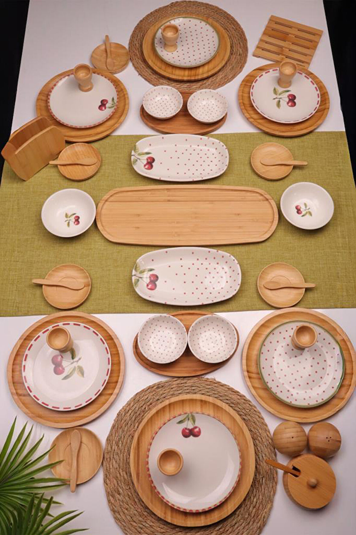 Atbyhome Viva 6 Kişilik 48 Parça Doğal Bambu Porselen Kahvaltı Takımı – Kahvaltı Seti Sunum Seti