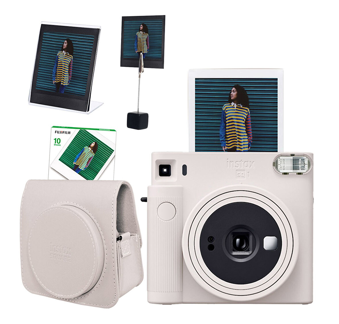 Fujifilm Instax SQ1 Beyaz Fotoğraf Makinesi 10'lu Kare Film Deri Kılıf Pleksi Çerçeve ve Kıskaçlı St