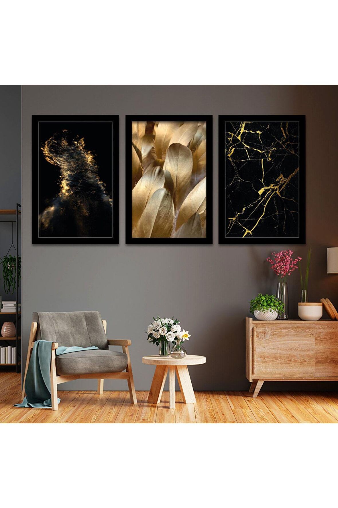 GOLD AYNALI PLEKSİ ÇERÇEVELİ MİNİMALİST PEMBE DOĞAL DESENLİ SOYUT ÇİZİM TABLO