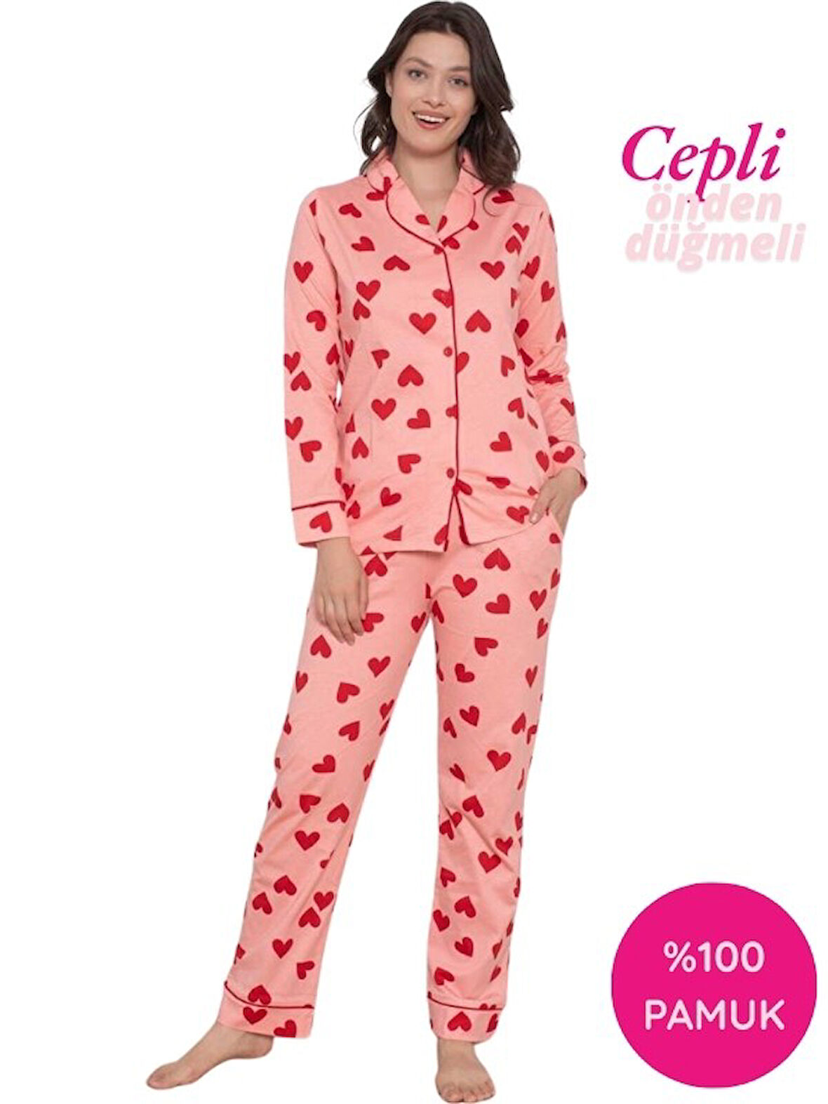 Kadın Kalp Desen Gömlek Yaka %100 Pamuk Mevsimlik Uzun Kol Cepli Pijama Takımı