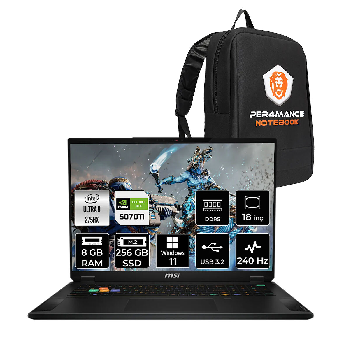 MSI Stealth 18 HX AI Ultra 9 275HX 8GB 256GB SSD RTX5070TI/12GB 140W 18'' WQXGA W11P Gaming Laptop