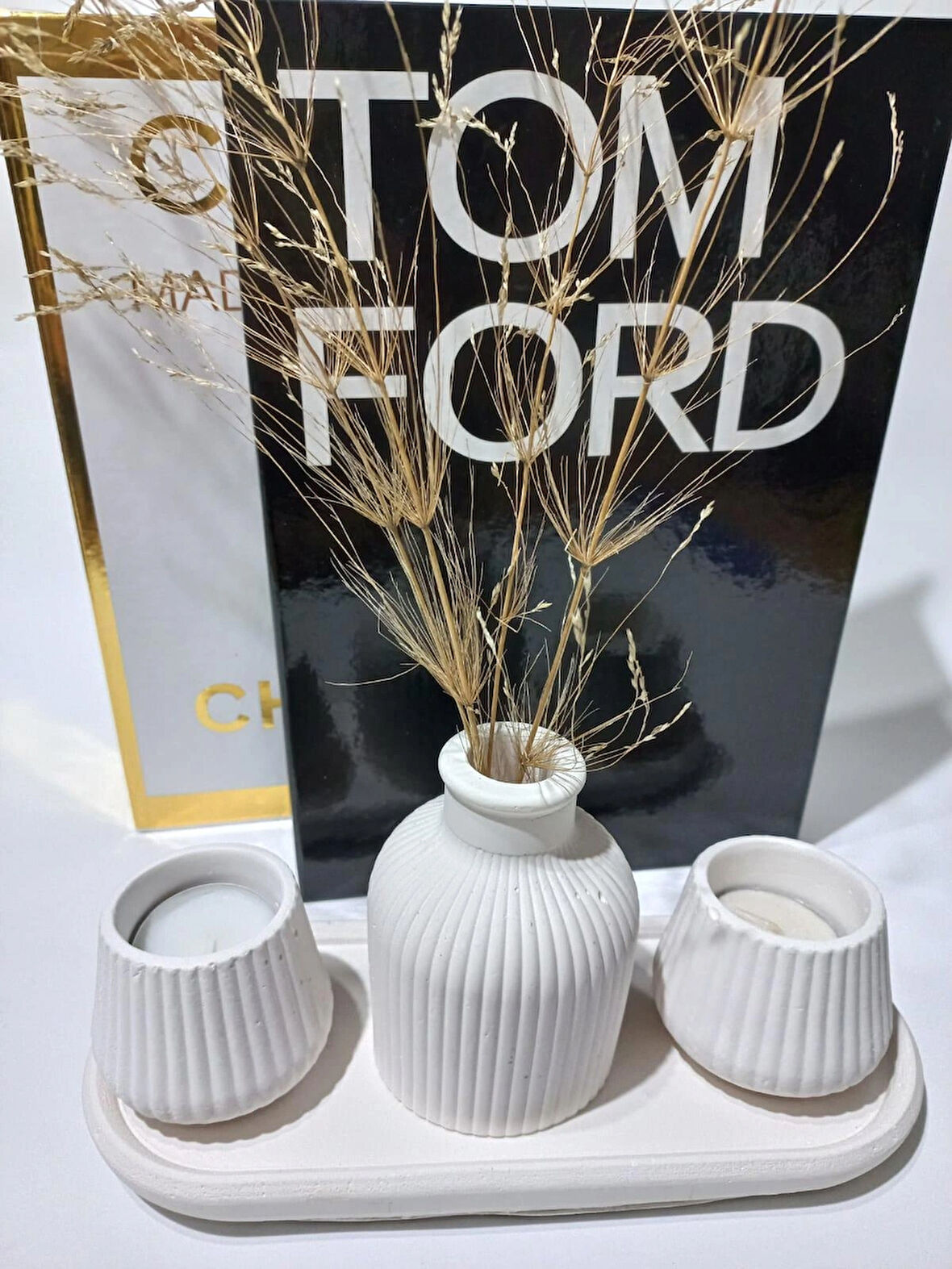 KÜP VAZOLU TABAKLI TEALİGHT MUMLUK SET BEYAZ