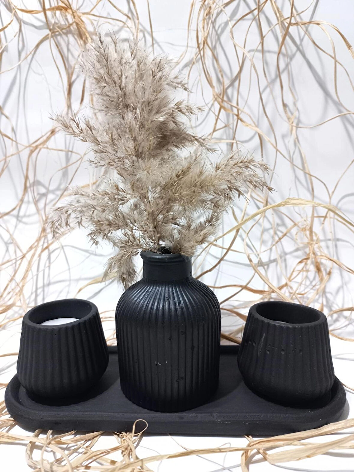 KÜP VAZOLU TABAKLI TEALİGHT MUMLUK SET SİYAH