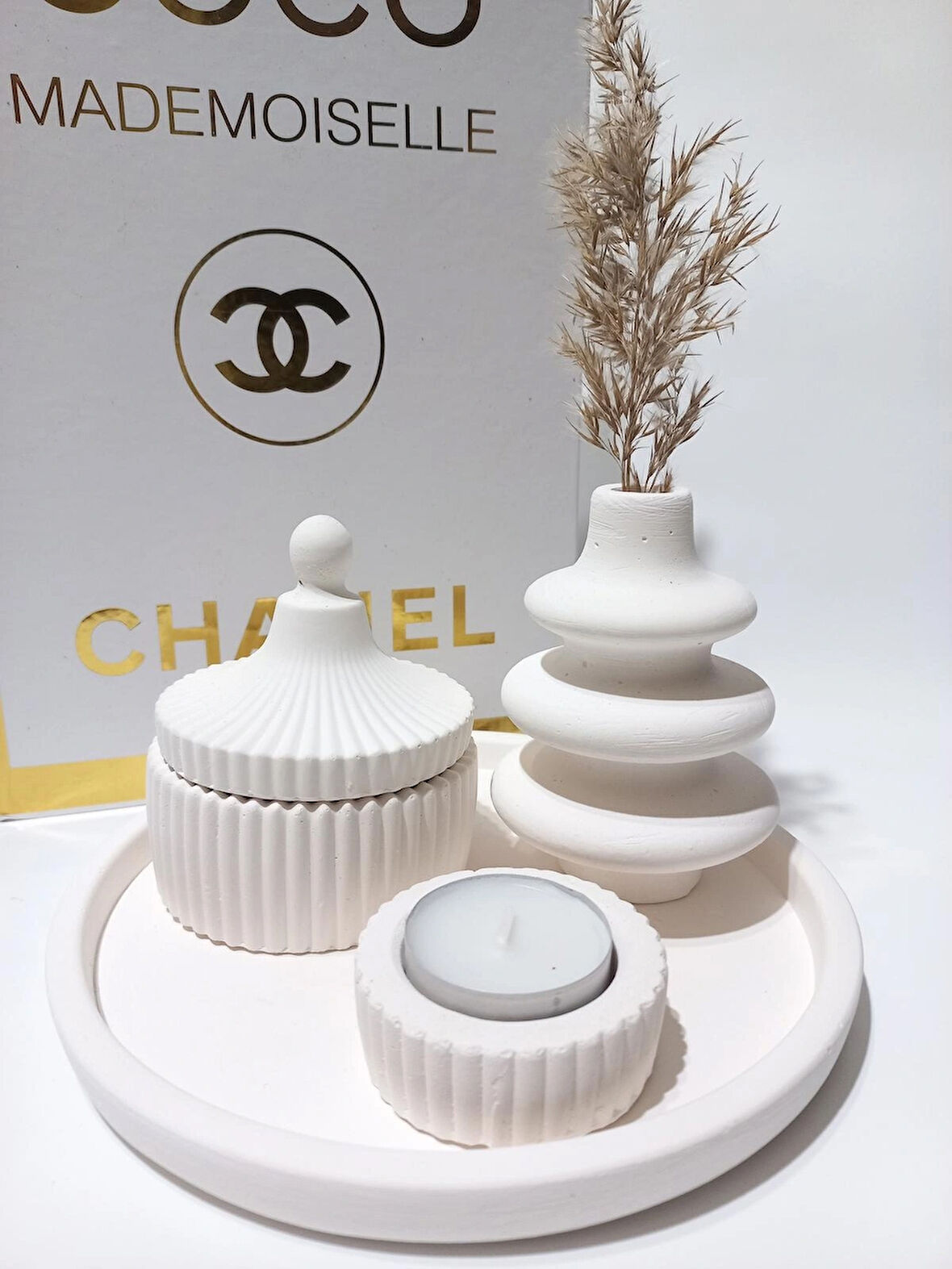 VİDA VAZO TABAKLI MUMLUK SET BEYAZ