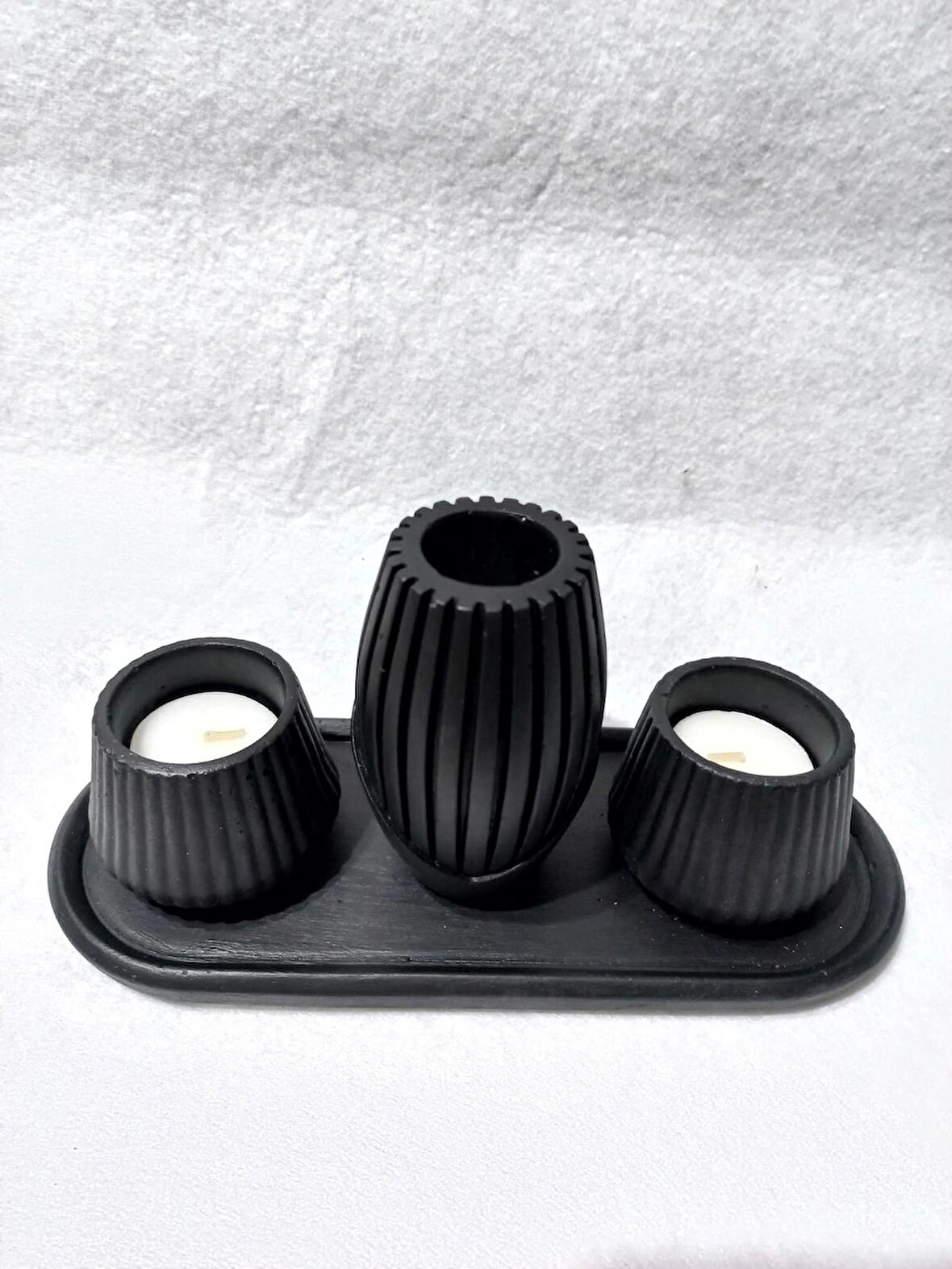 İSKANDİNAV VAZOLU TABAKLI TEALİGHT MUMLUK SET SİYAH