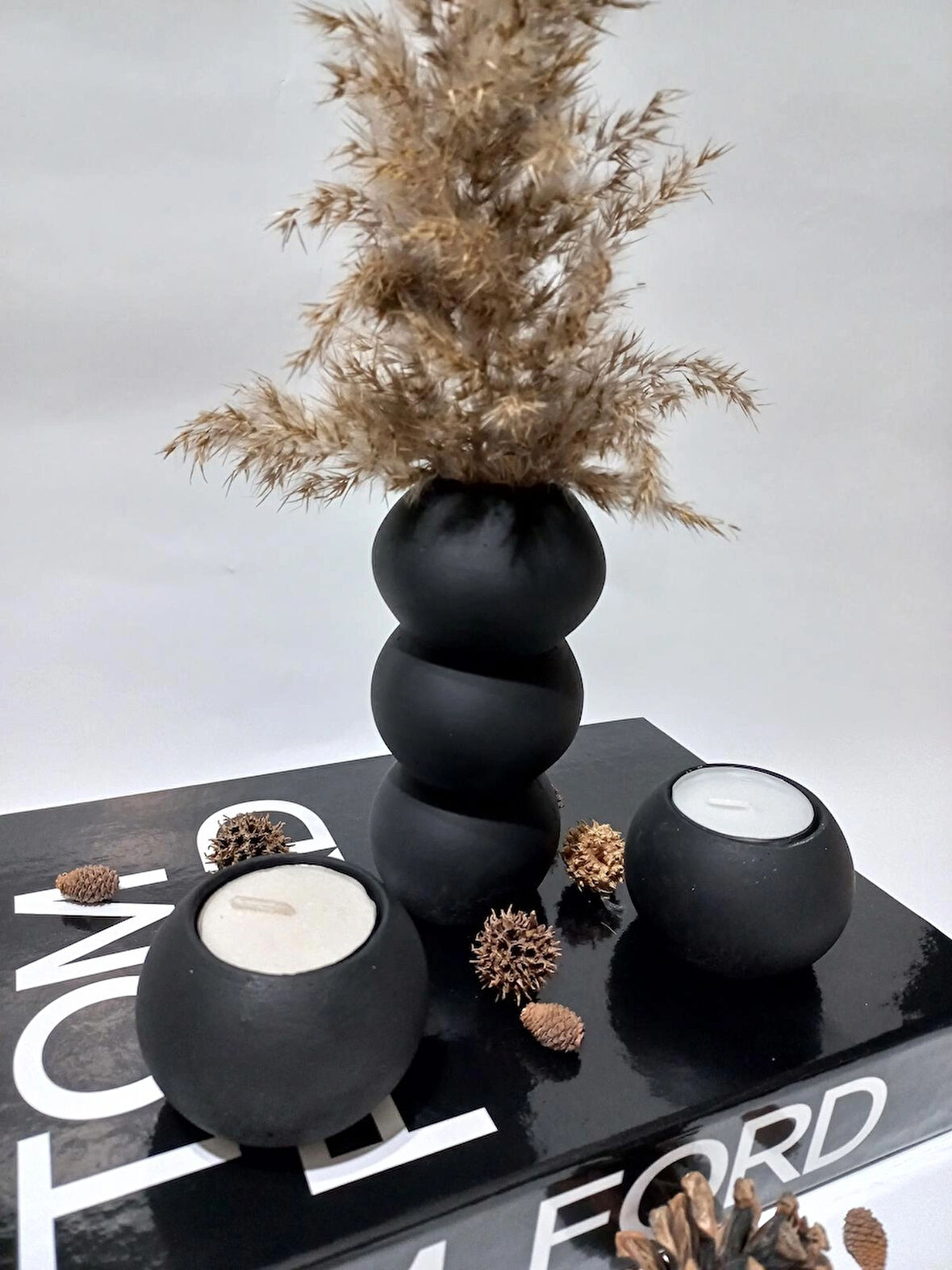 BALON VAZO İKİLİ MUMLUK SET SİYAH