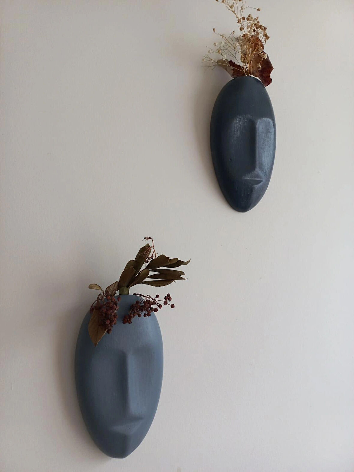 Dekoratif 2'li Yüz Duvar Vazosu, Duvar Süsü ,Heykel Aksesuar Antrasit Gri