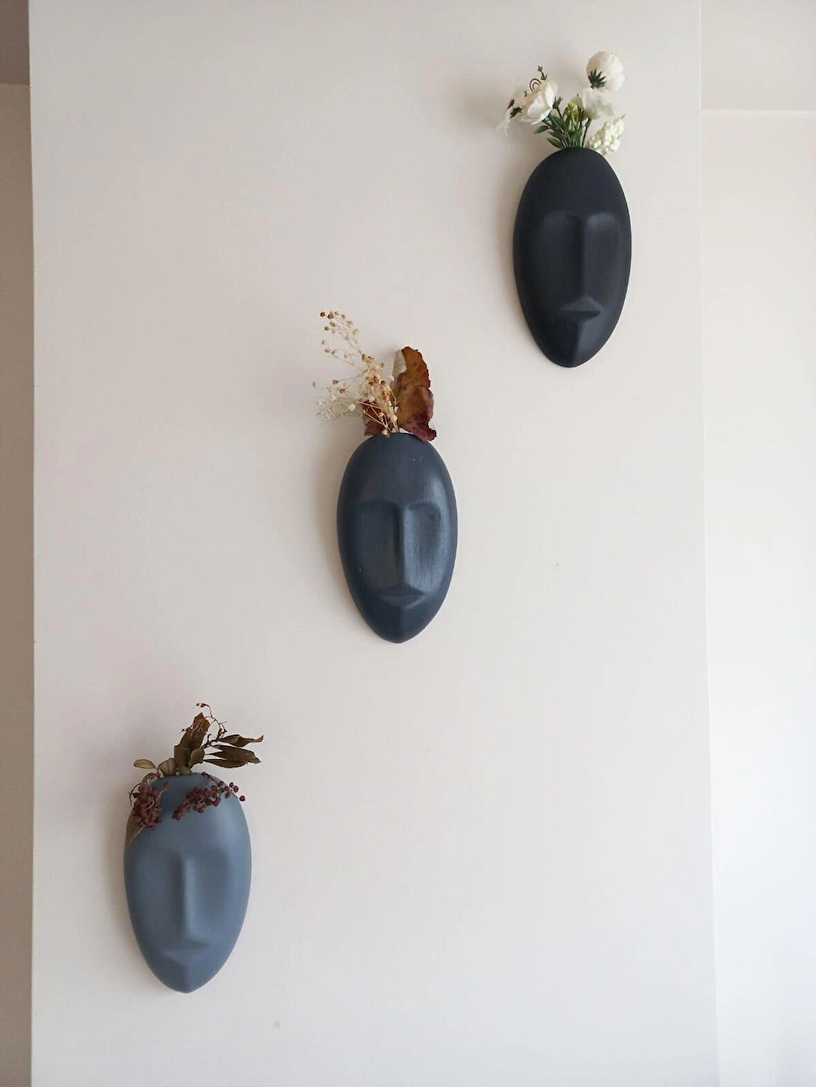 Dekoratif 3'li Mask Duvar Vazosu, Duvar Süsü ,Heykel Aksesuar Siyah Antrasit Gri