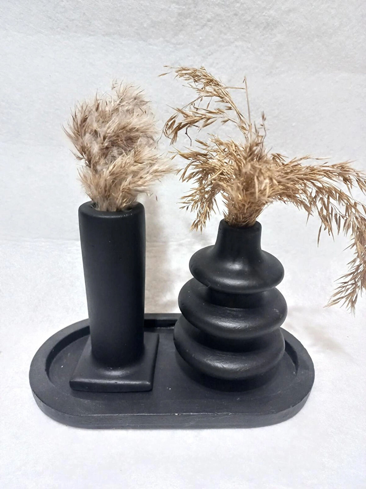 Dekoratif  3 Parça Tabaklı Vazo Set Siyah
