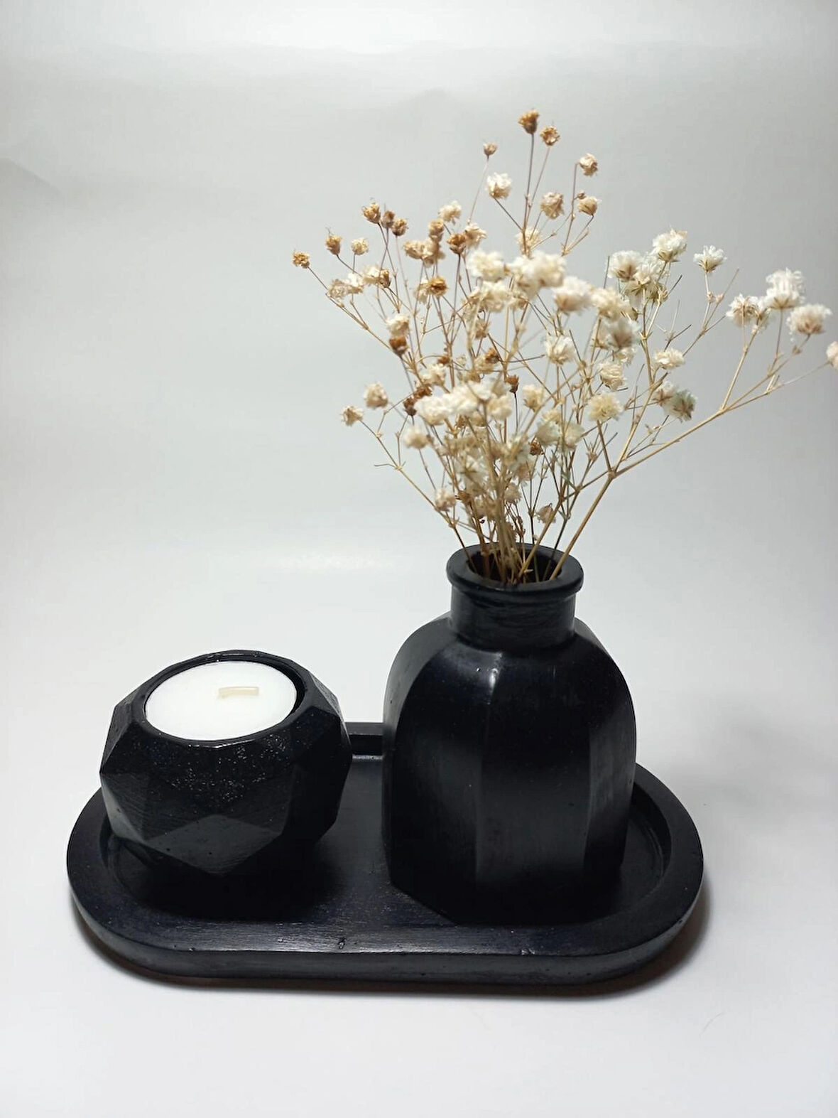 Geometrik Mumluk ve Vazo Dekoratif Tabaklı Set Siyah
