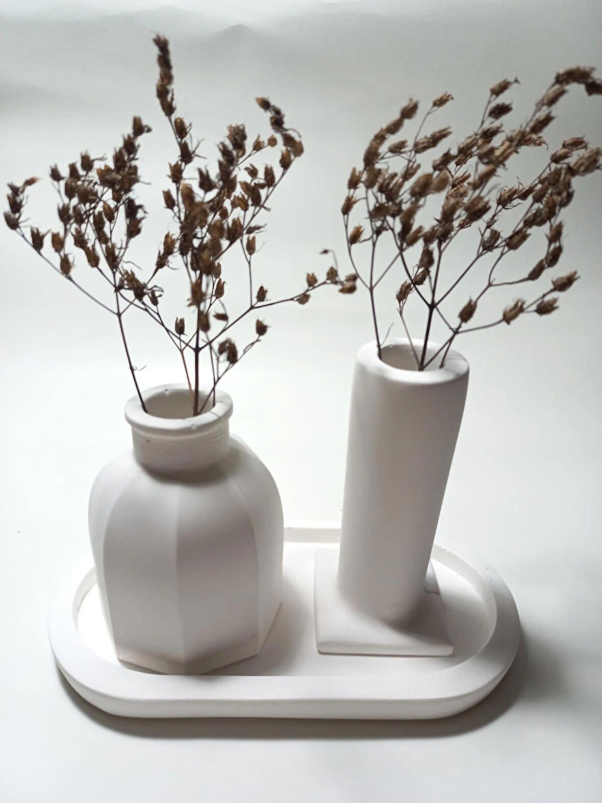 Tabaklı Dekoratif İkili Vazo Set Beyaz