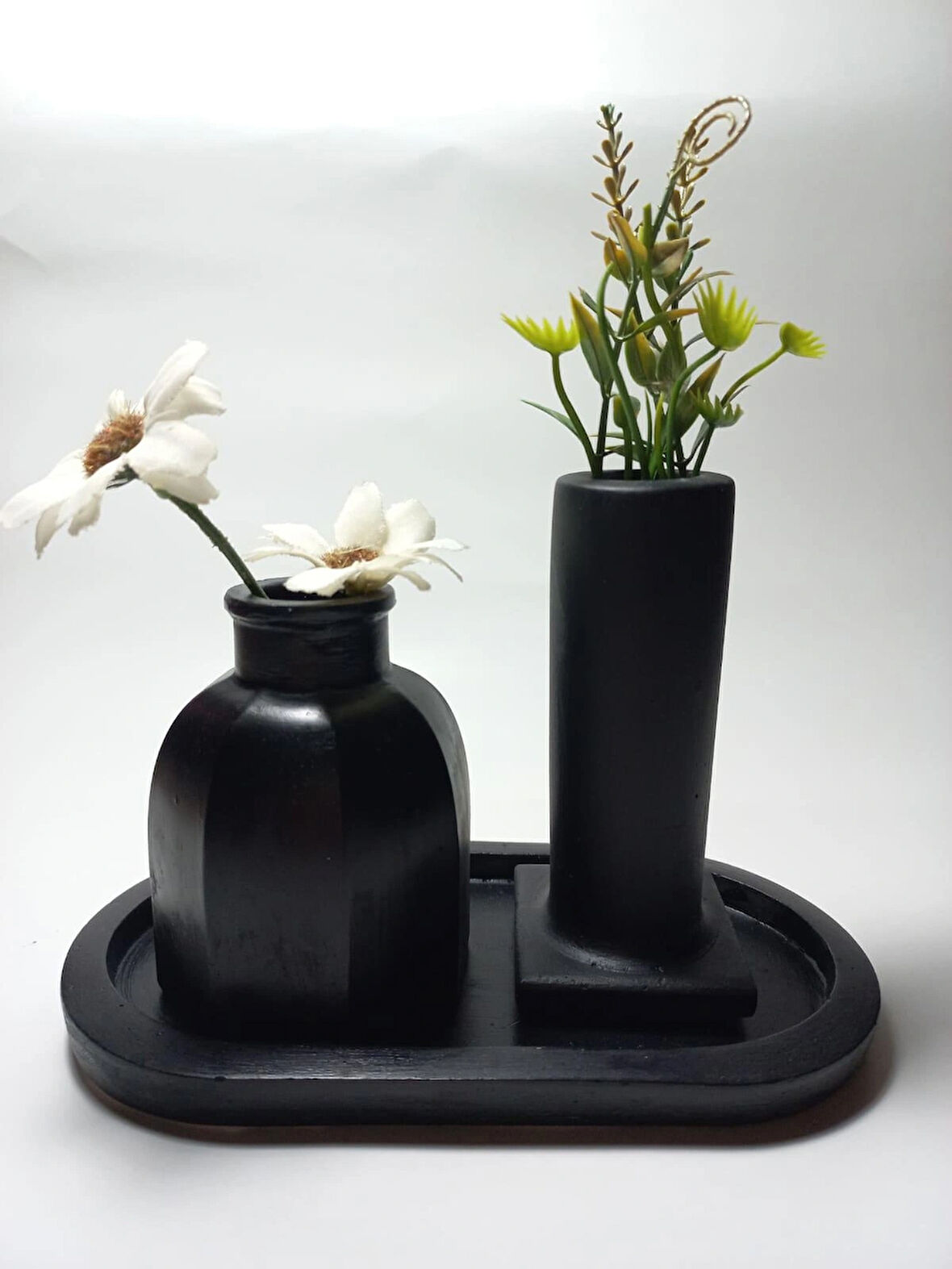 Tabaklı Dekoratif İkili Vazo Set Siyah