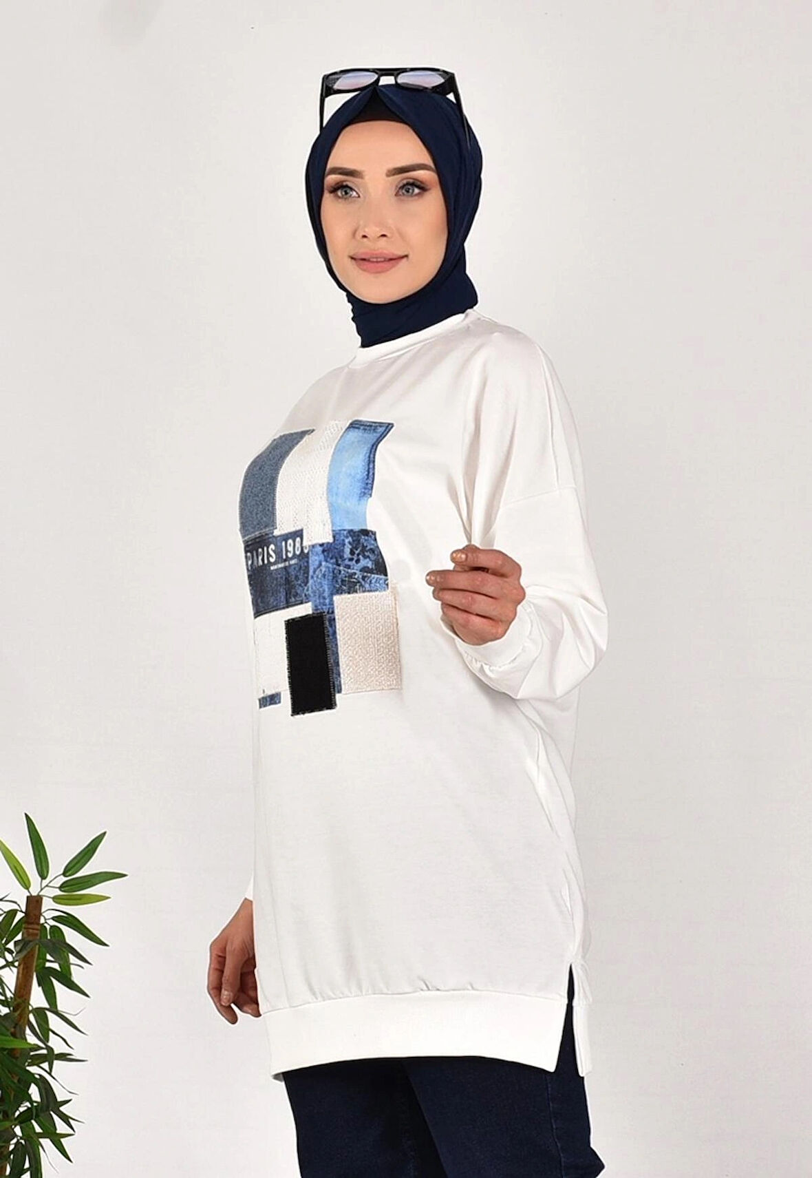 CYLN10582 PUANE İKİ İPLİK KUMAŞ ÖNÜ KUMAŞ GARNİLİ SWEATSHIRT