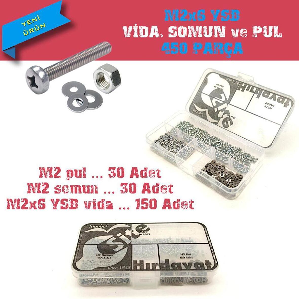 M2x6 YSB Vida Somun ve Pul Seti, 450 Parça