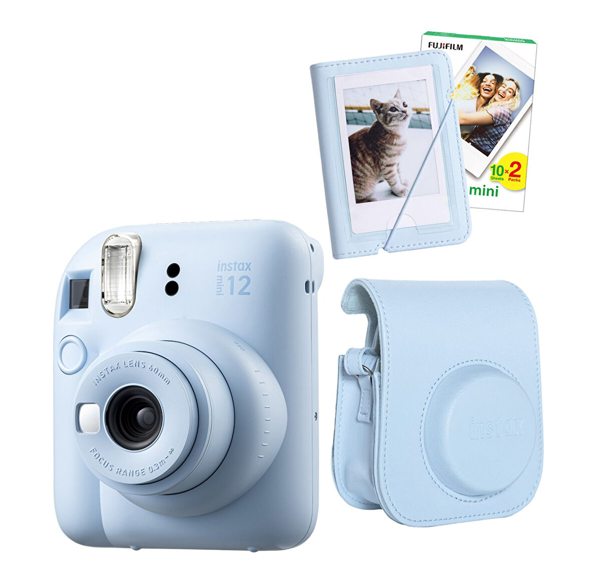 Fujifilm Instax Mini 12 20 Filmli Mini Albüm ve Deri Kılıflı Mavi Fotoğraf Makinesi