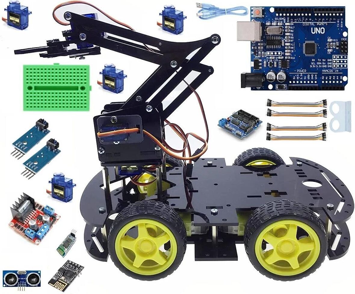 Emes Robotik Robot Kollu 4wd Engelden Kaçan Ve Çizgi Izleyen Bluetoothlu Araç Seti