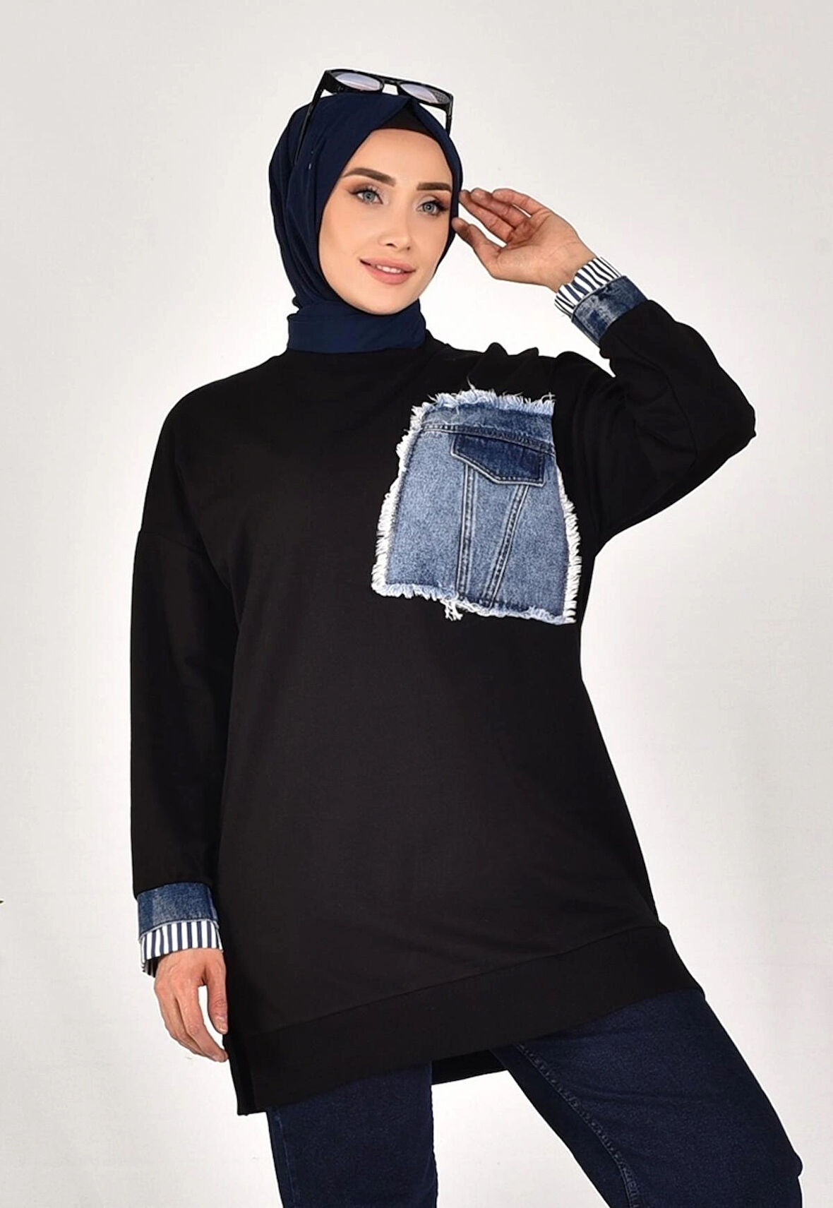 CYLN10566 PUANE İKİ İPLİK KUMAŞ KOT KUMAŞ GARNİLİ SWEATSHIRT