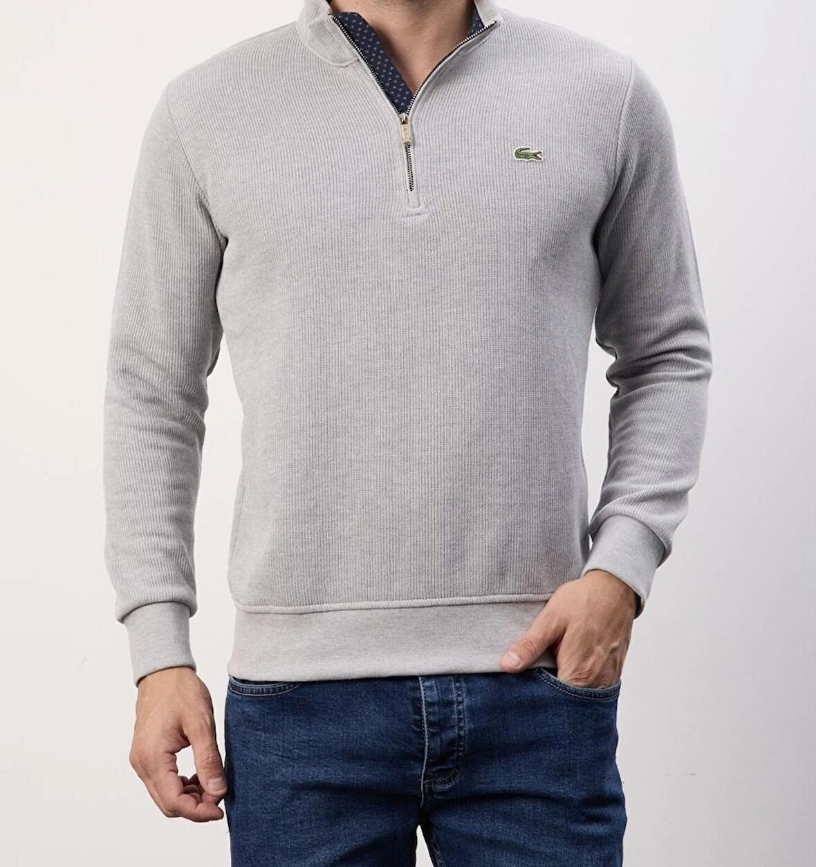 LACOSTE FERMUAR YAKA GRİ DAR KESİM GARNİLİ ERKEK TEİKO