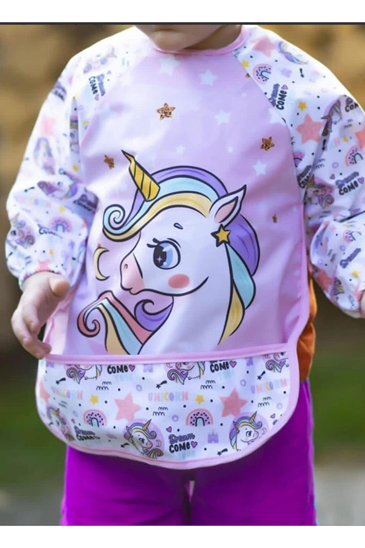 Unicorn Baskılı Kollu Mama Beslenme Önlüğü Pembe