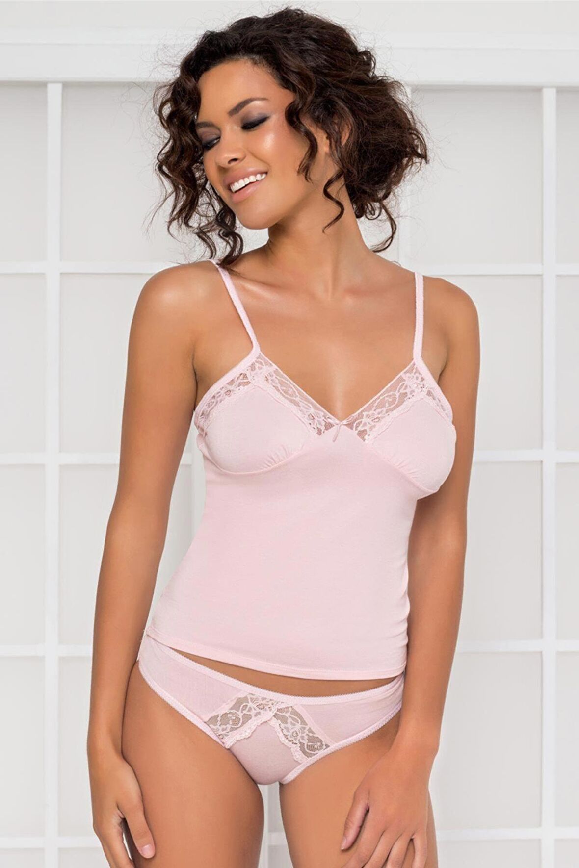 Kadın Pembe Dantelli Penye Atlet Külot Set  - 350