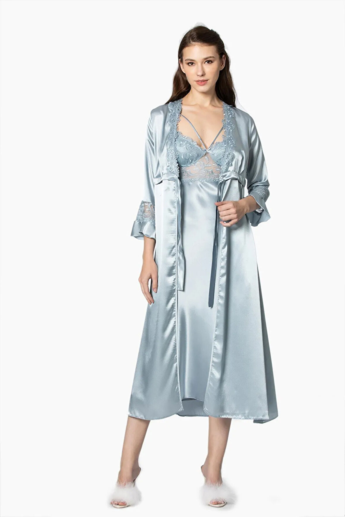 Saten Gecelik Sabahlık Pijama Takım Şort Takım 6'lı Gelin Çeyiz Seti - 6025