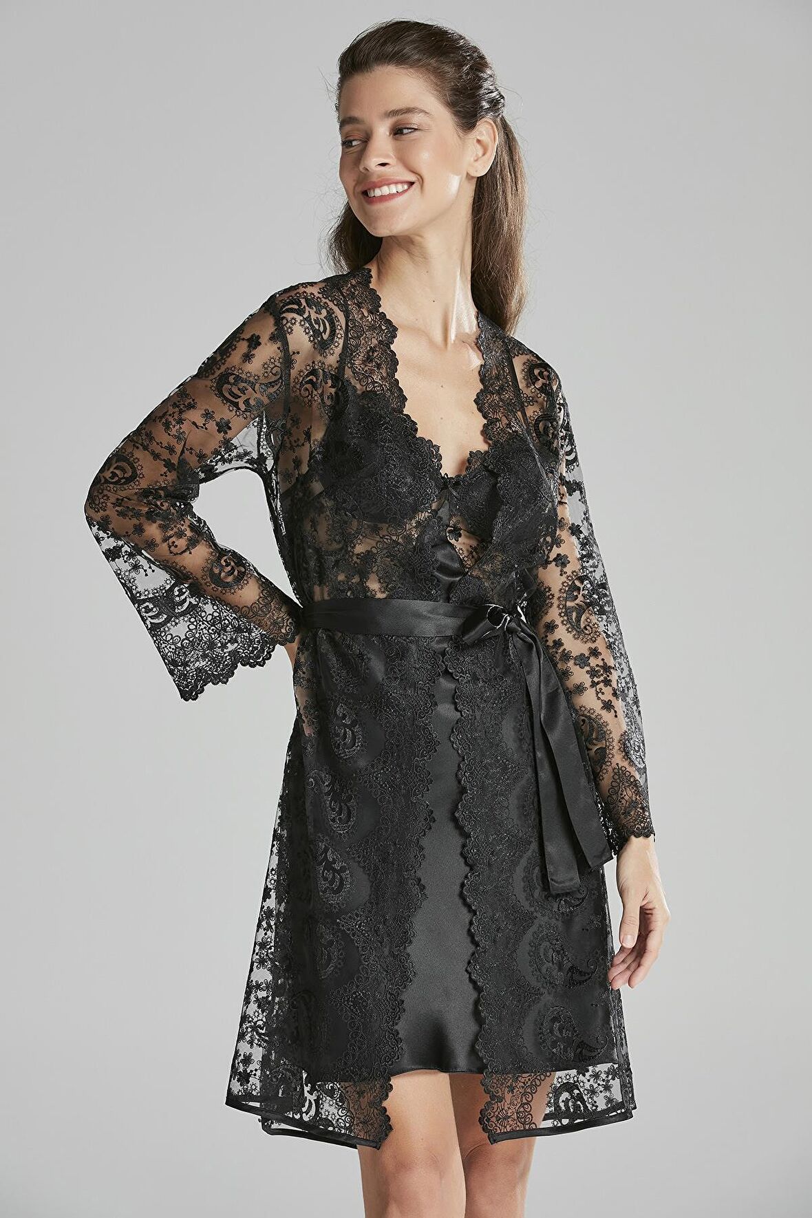 Kadın Saten Altılı Çeyiz Seti -  6225 Siyah