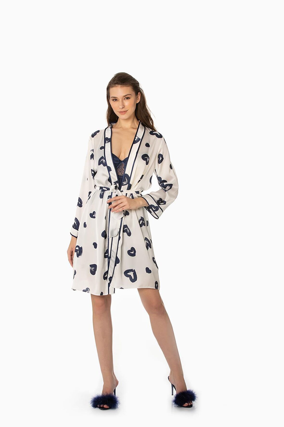 Kadın Lacivert Saten Emprime Gecelik & Sabahlık Takım 2406