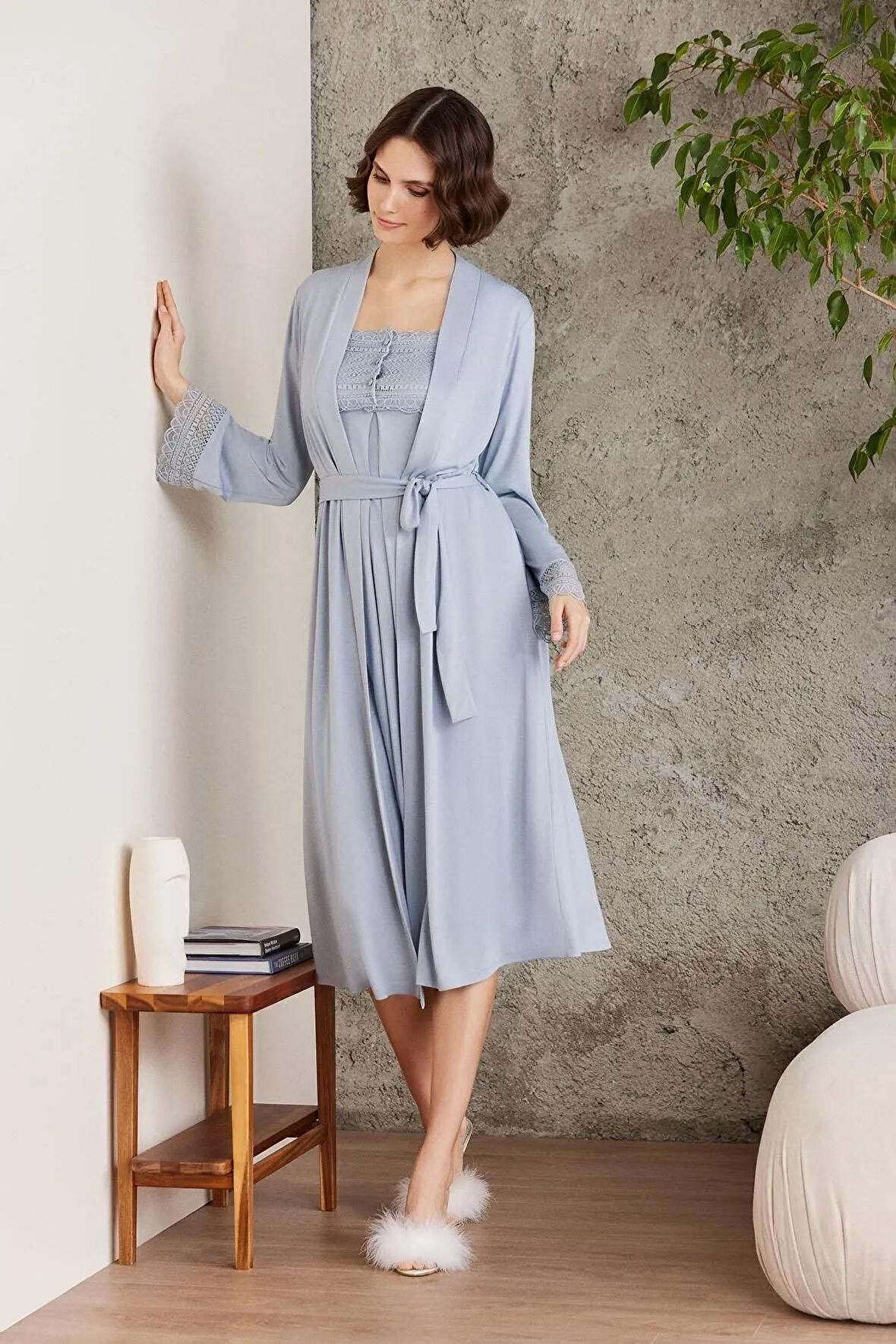 Penye Dantelli Gecelik & Sabahlık Takım - 4005