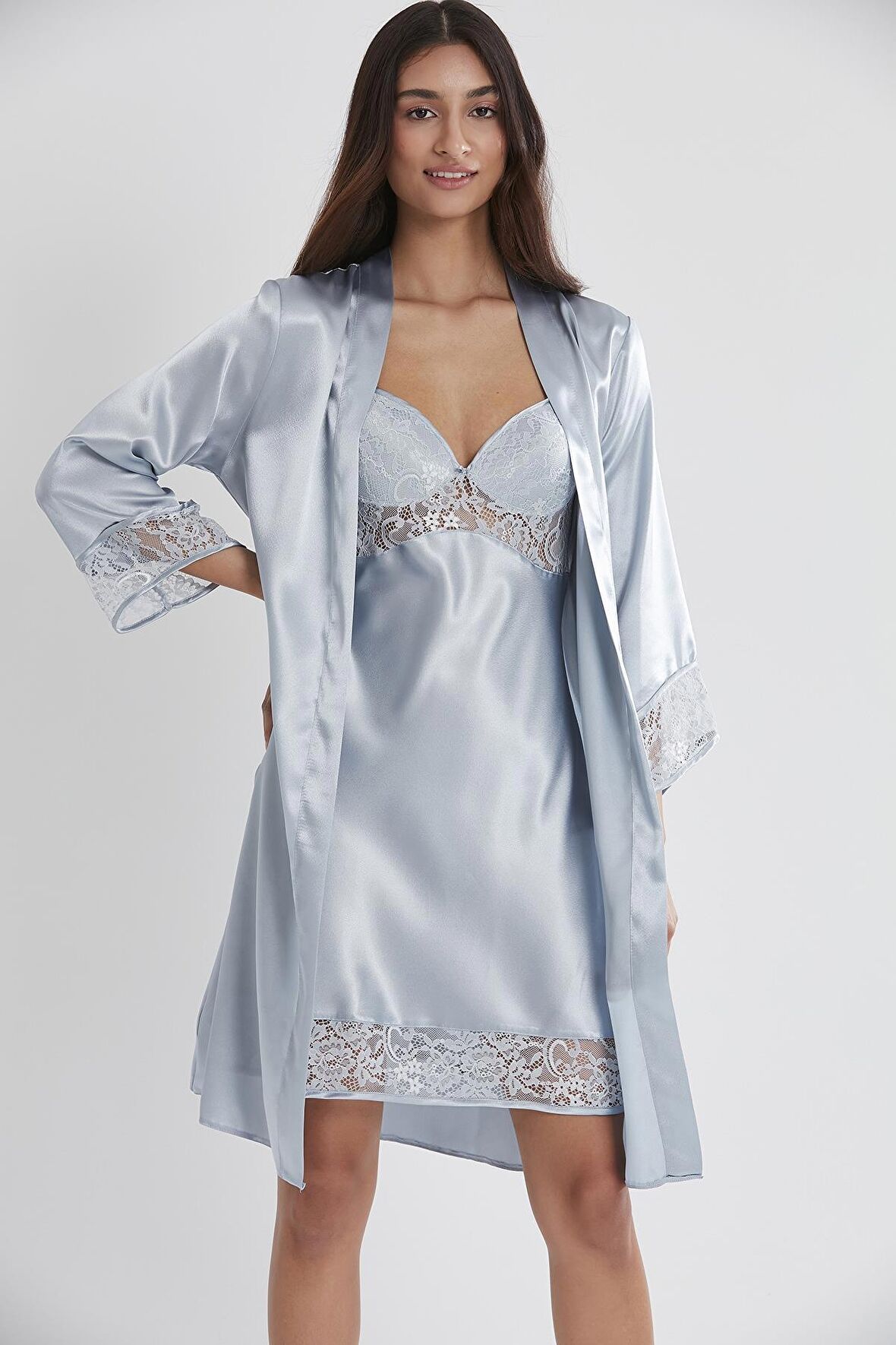 Kadın Saten Dantelli Gecelik & Sabahlık Takım - 4075