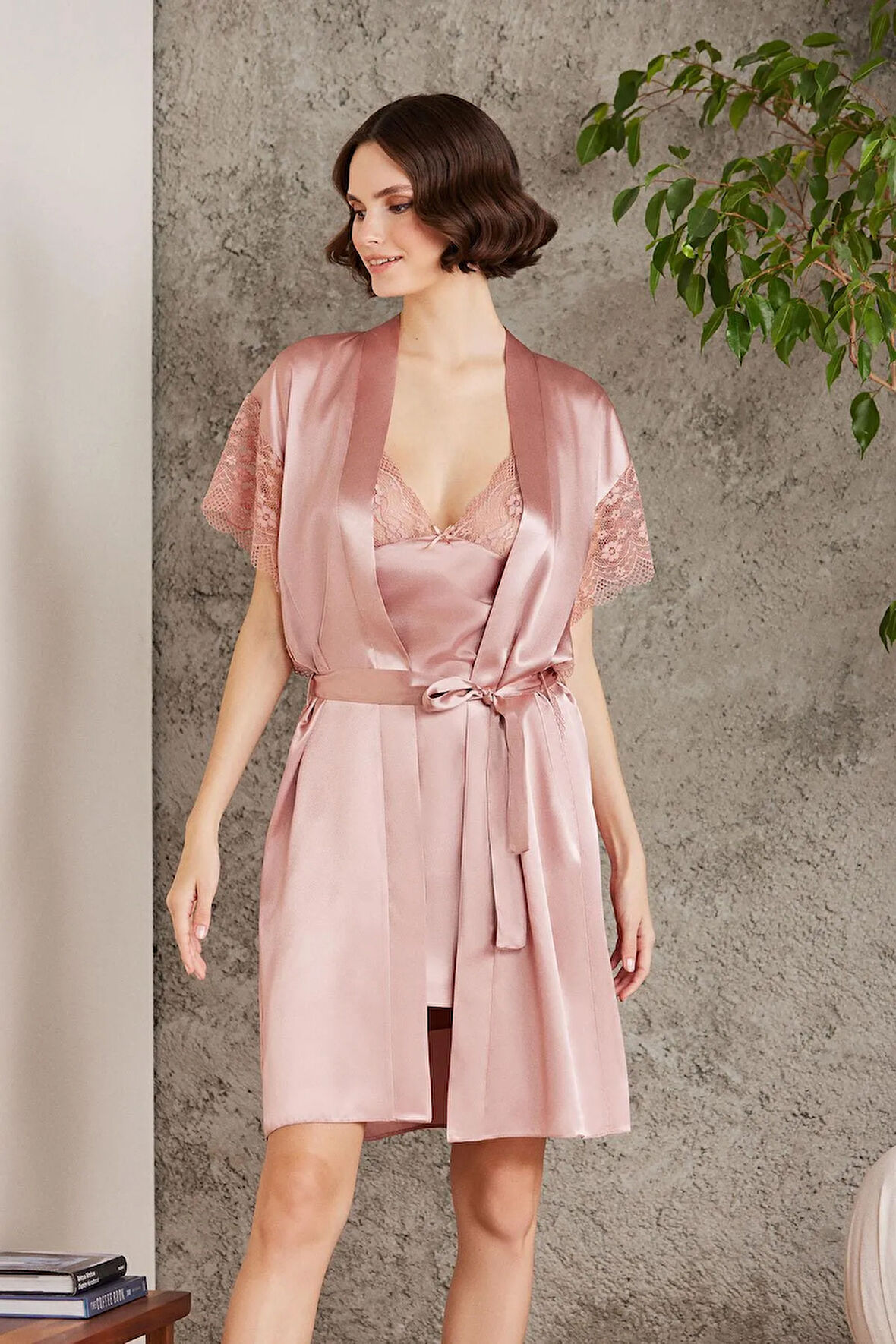 Saten Dantelli Gecelik ve Sabahlık Takımı - 4438