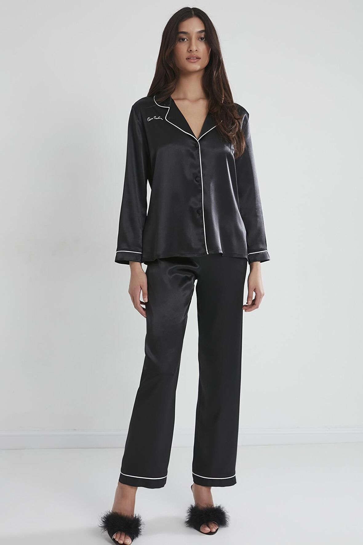 Kadın Saten Biyeli Pijama Takımı -1200 Siyah
