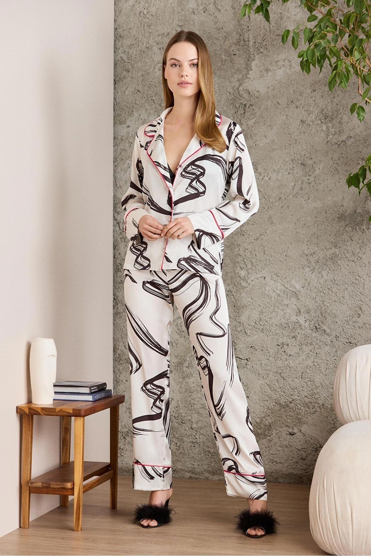 Saten Desenli Pijama Takımı - 1230