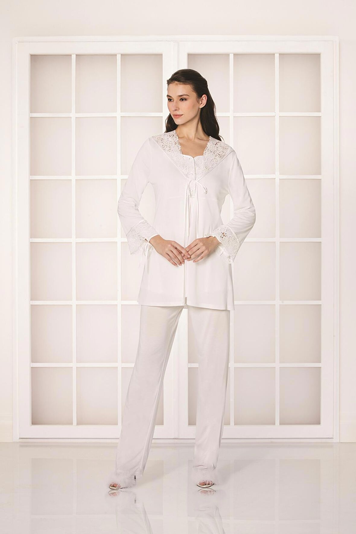 Kadın Güpürlü Penye 3'lü Pijama Takım - 3050