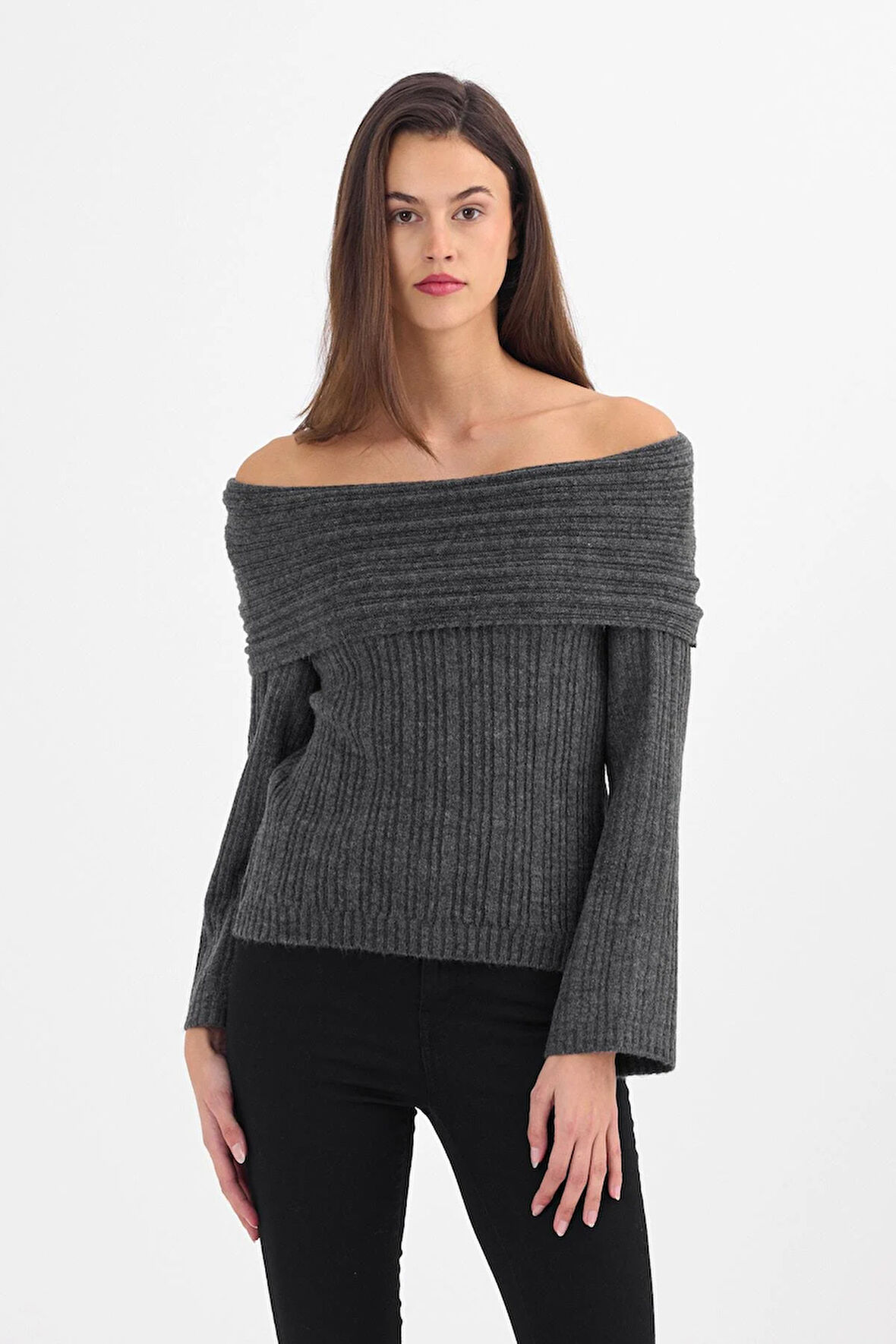 Explode - Kadın Antrasit Madonna Yaka Oversize Triko Kazak