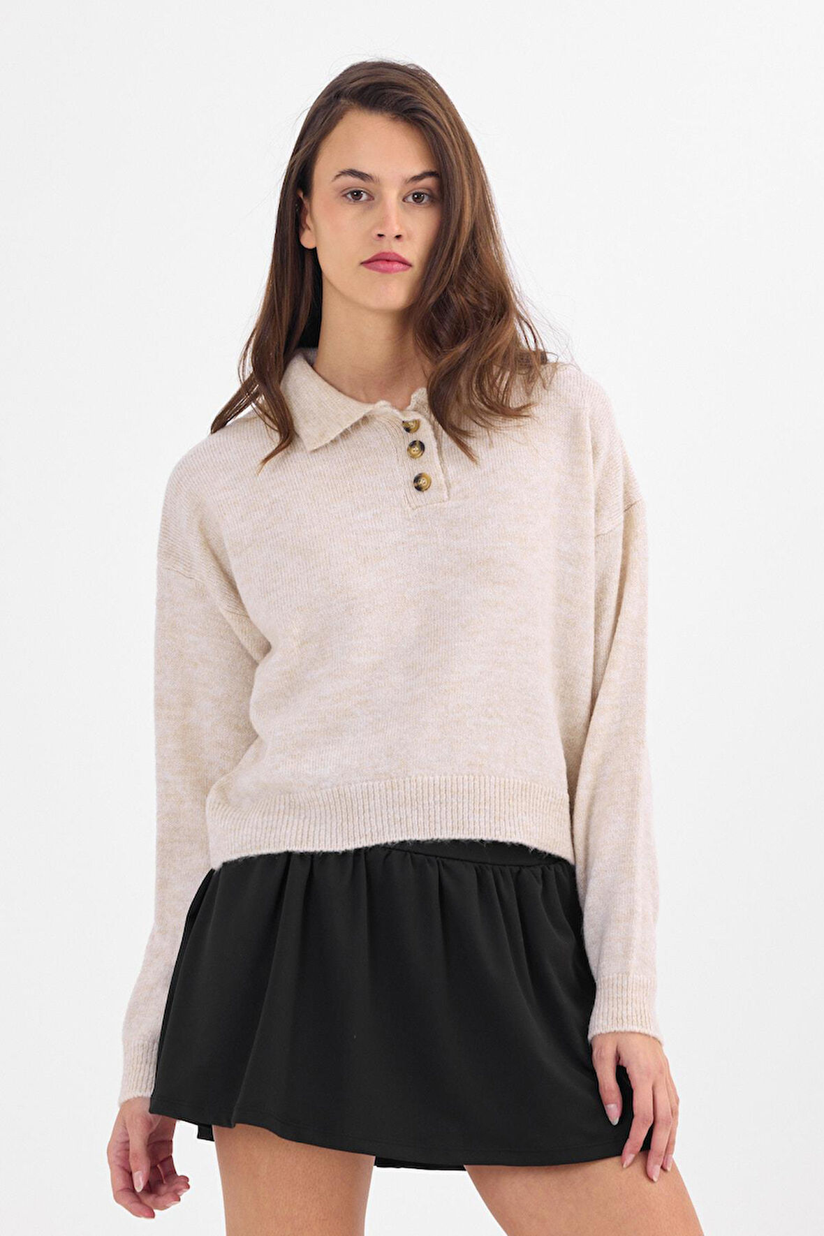 Explode - Kadın Bej Polo Yaka Triko Kazak