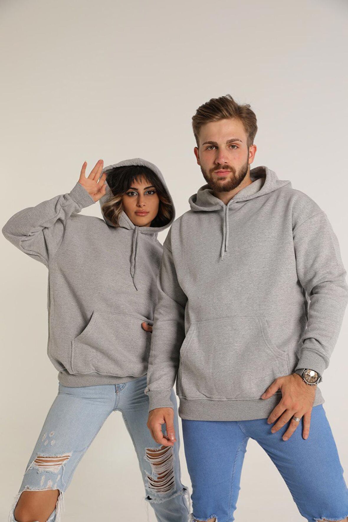 Sevgili Kombini Çift Ovarsize Kapşonlu Üç İplik Sweatshirt Gri