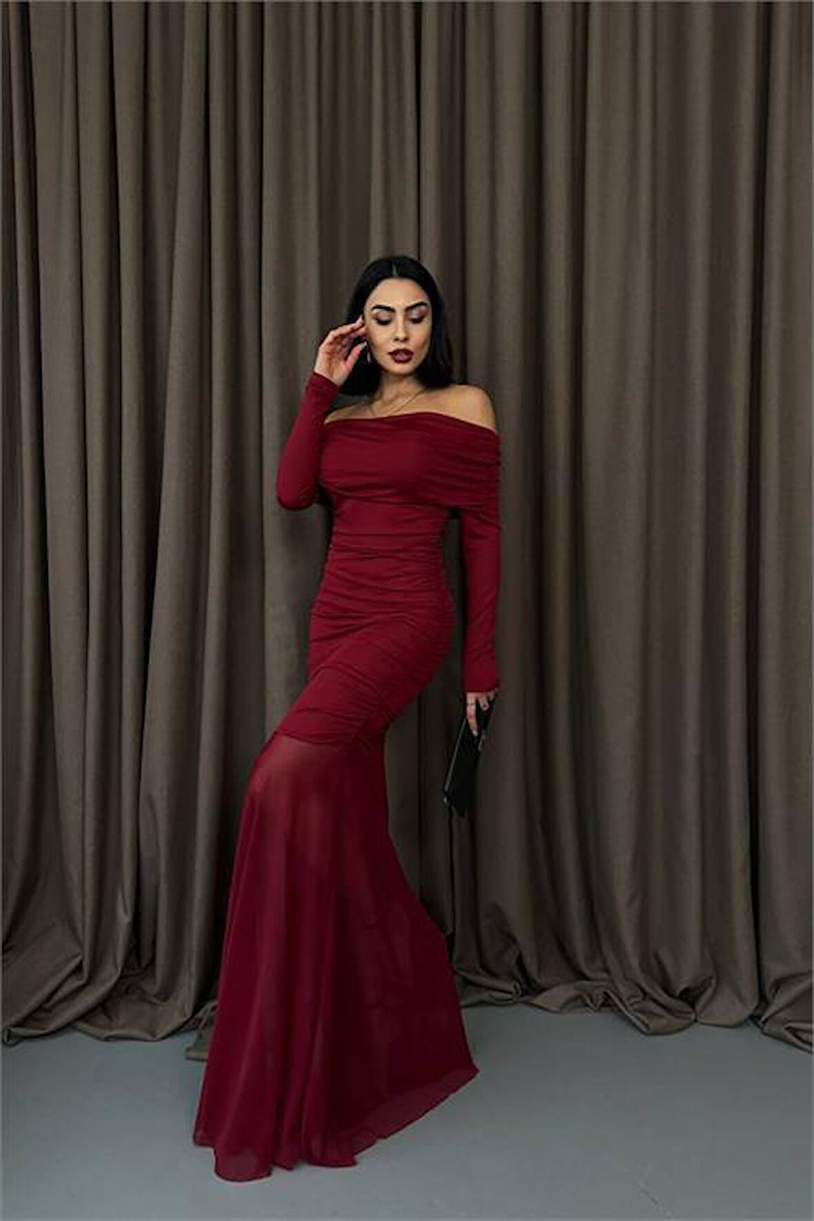 Dipmoda kadın madonna yaka uzun tül elbise DPDF014