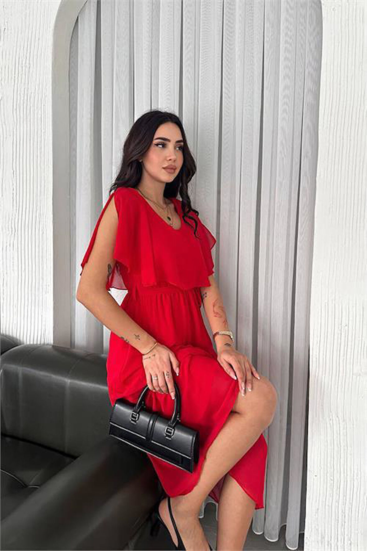 Dipmoda kadın kuşaklı midi boy şifon elbise DPK4116