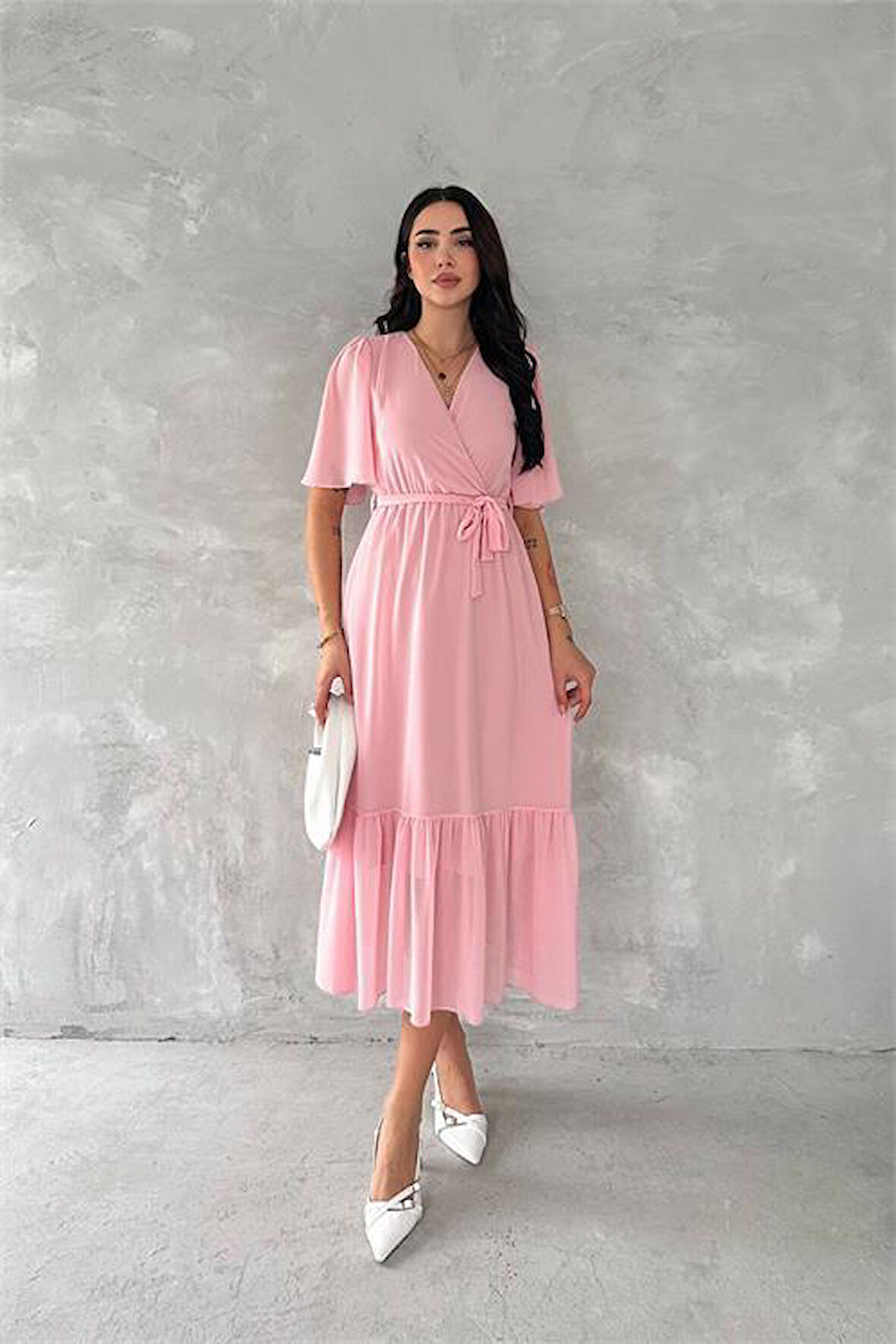 Dipmoda kadın kruvaze yaka kuşaklı şifon elbise DPK4115