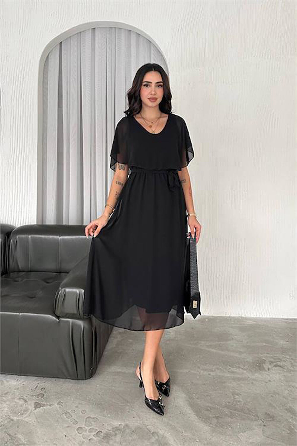 Dipmoda kadın kuşaklı midi boy şifon elbise DPK4116