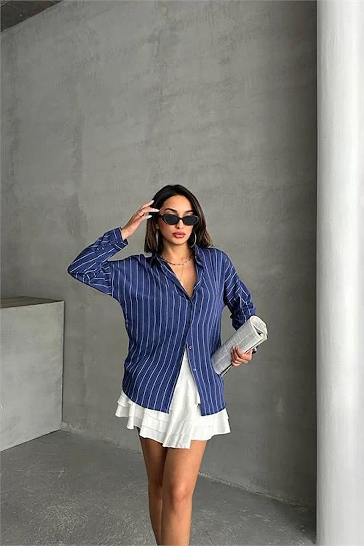 Dipmoda kadın çizgili oversize likralı gömlek DPG075