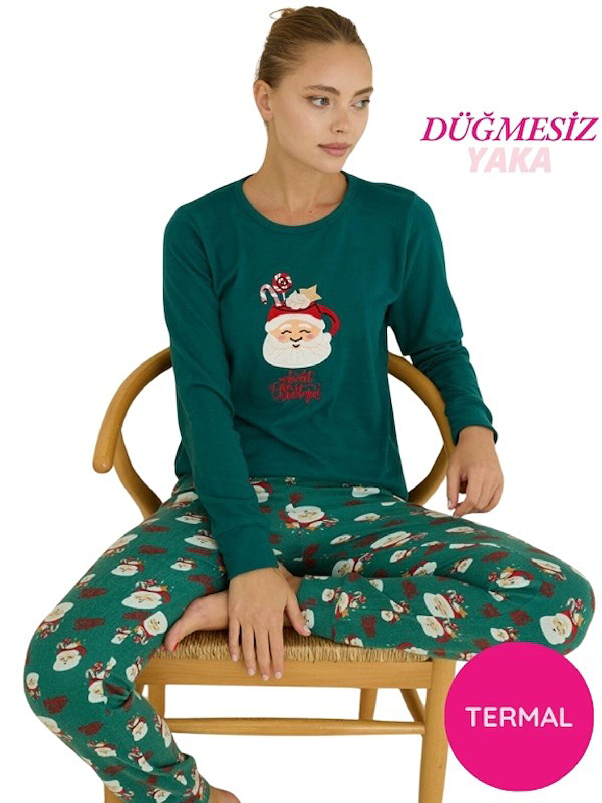 Kadın Bisiklet Yaka Düğmesiz Bilekler Lastikli/Jogger Yumuşak Termal Kışlık Pijama Takımı