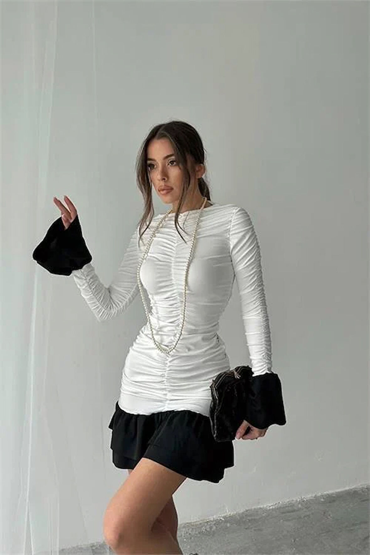 Dipmoda kadın büzgülü bluz mini elbise DPDF024