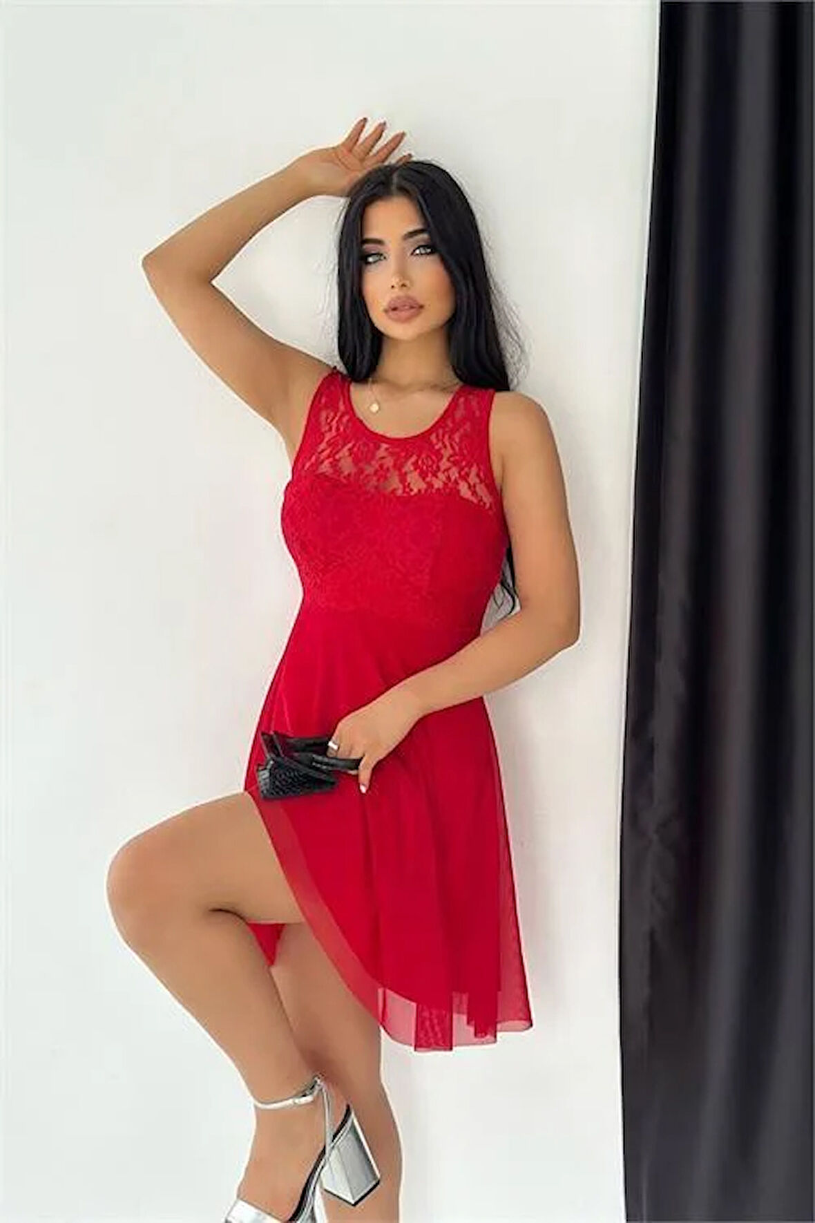 Dipmoda kadın güpürlü mini mezuniyet elbisesi KKLF15