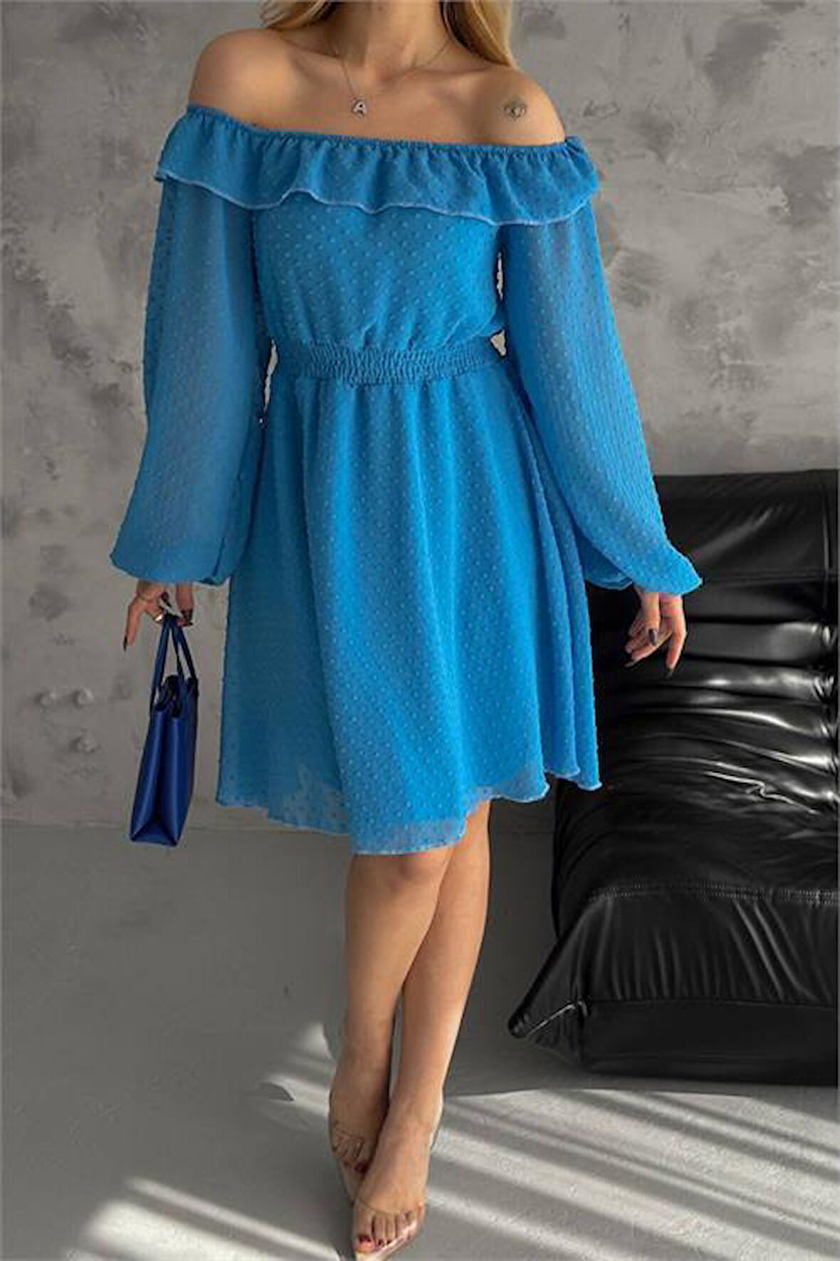 Dipmoda kadın mavi madonna yaka mini ponpon şifon elbise DPK2057