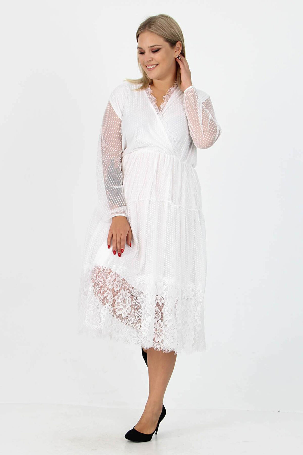 Dipmoda kadın yeni sezon tül detaylı kruvaze yaka büyük beden elbise APCX14