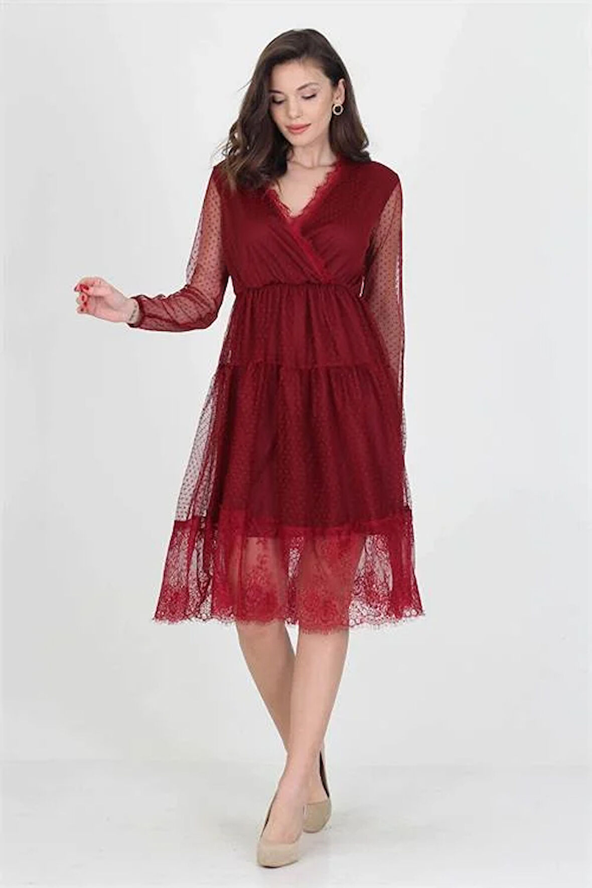 Neseli butik kruvaze yaka eteği güpür detaylı yeni sezon elbise DP0010